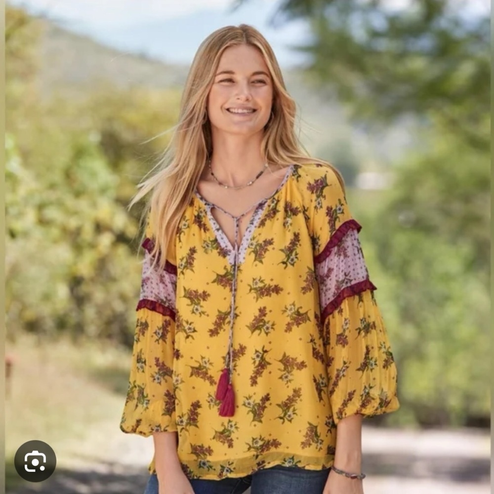Sundance Small Floral Dreams Blouse Top Boho Yellow Gold Tassels Womens